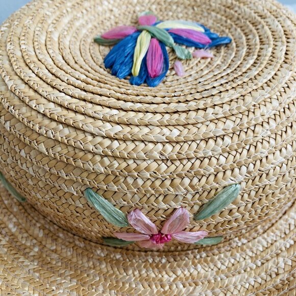 Vintage April Cornell Straw Hat With Flowers Cottagecore Country One Size - Picture 2 of 8